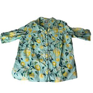 Catherines Womens  linen Blend Lemon Print Button-Down Shirt 1X 18/20W novelty